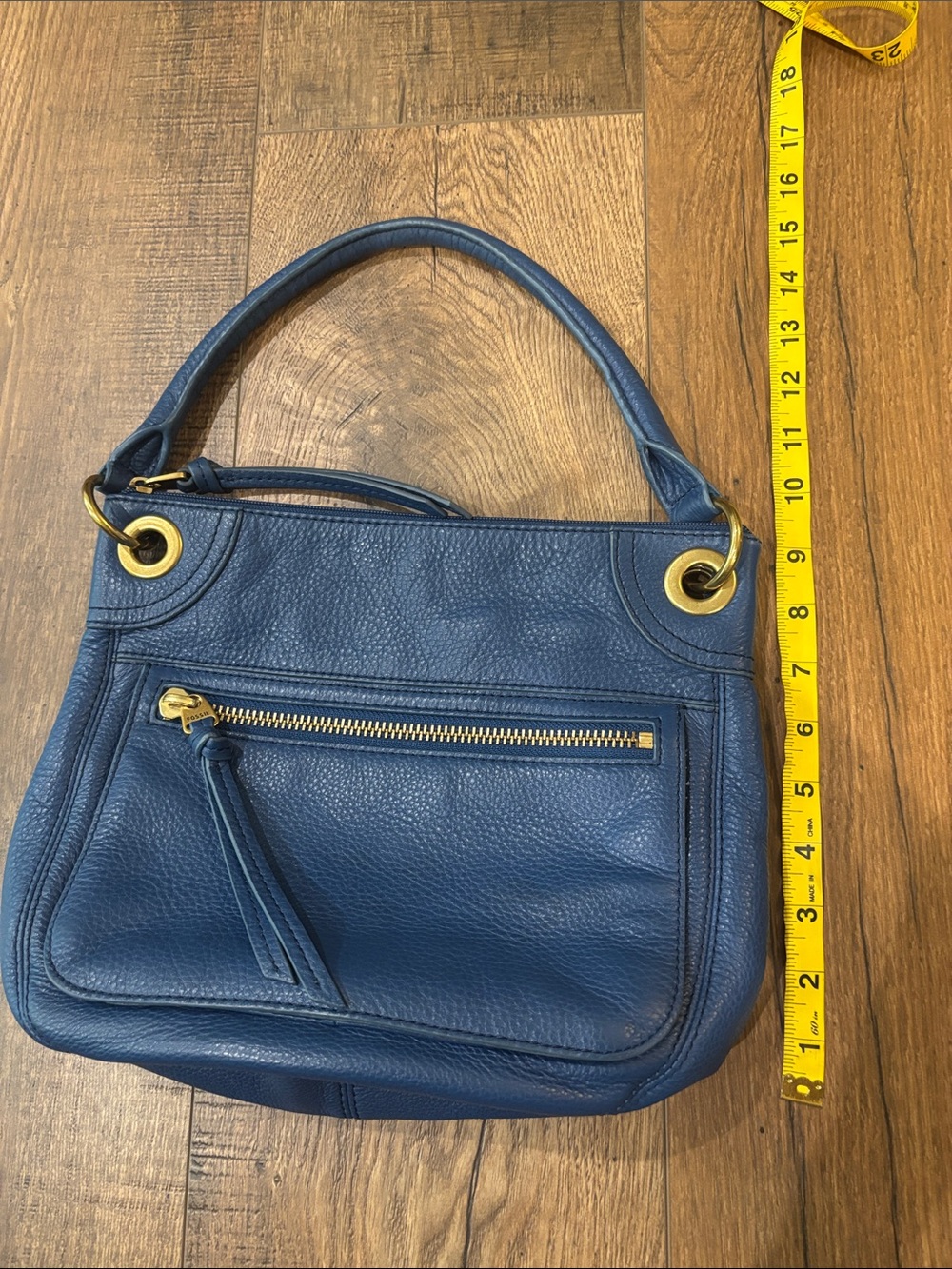 Fossil Blue Pebbled Leather Zippered Shoulder Bag Gold Hardware - Picture 11 of 13
